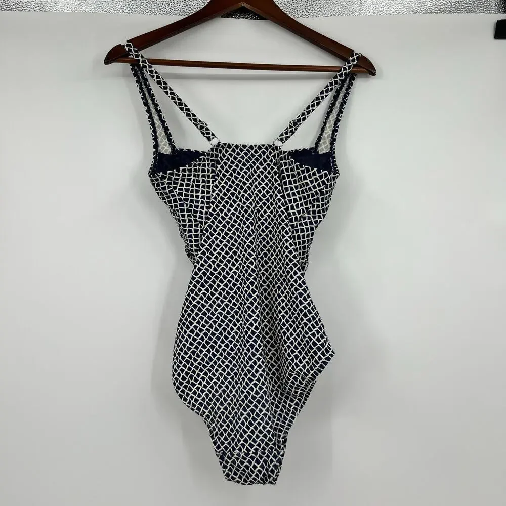LL Bean Navy Blue & White geometric print square neck swimsuit SPF 50 size 12